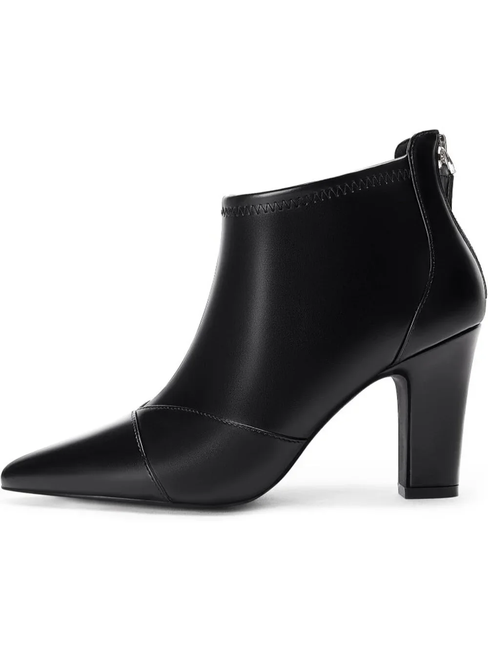 Women's Black Leather Pointed Toe Stiletto Heel Splicing Back Zipper Ankle Boots